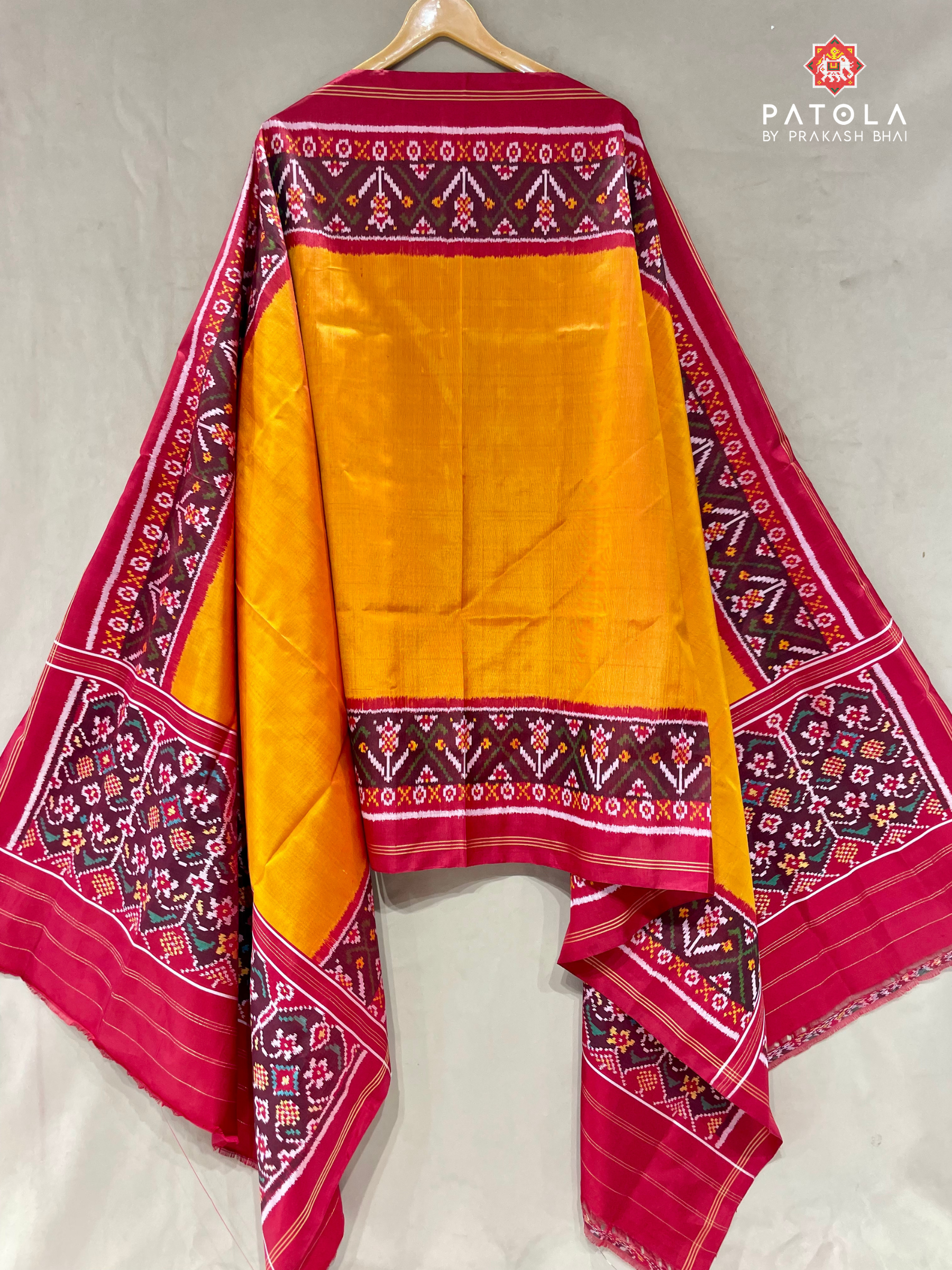 Plain Yellow Designer Semi Double Ikat Patola Dupatta